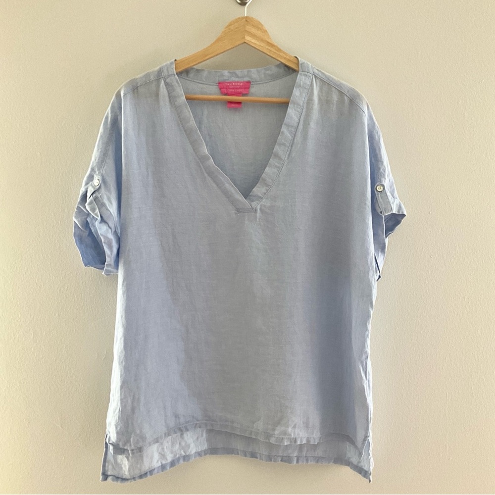 Isaac Mizrahi Large  Light Blue V-Neck 100% Linen Blouse